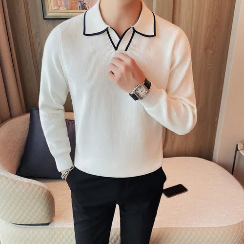 Men's winter sweater with a warm knitted design and lapel collar in white. Perfect for stylish and comfortable cold-weather wear.