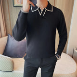 Men's winter sweater with a warm knitted design, featuring a stylish lapel collar in black with white trim, perfect for cold weather.