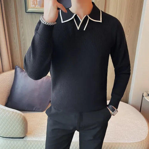 Men's winter sweater with a warm knitted design and stylish lapel collar in black. Perfect for cold weather and casual wear.